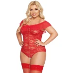 Softline - Kamila - Dames Lingerie Plus Size - Kanten Jurkje - Super Strakke Doorschijnende Chemise - Sexy Kanten Lingerie Set met Bloemen - Grote Maat - Uitdagende Bodystocking - Erotisch Setje - Rood - 2XL - XXL