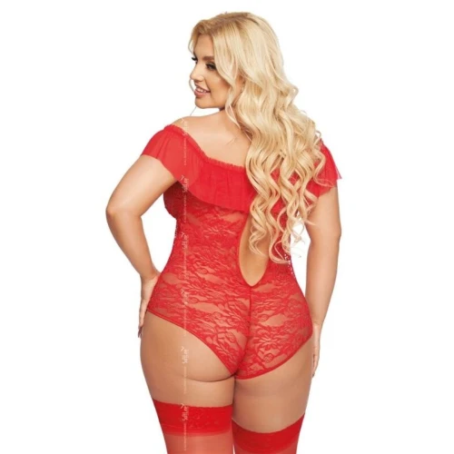 Softline - Kamila - Dames Lingerie Plus Size - Kanten Jurkje - Super Strakke Doorschijnende Chemise - Sexy Kanten Lingerie Set met Bloemen - Grote Maat - Uitdagende Bodystocking - Erotisch Setje - Rood - 2XL - XXL - Afbeelding 2